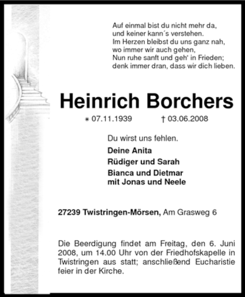  Traueranzeige für Heinrich Borchers vom 04.06.2008 aus KREISZEITUNG SYKE