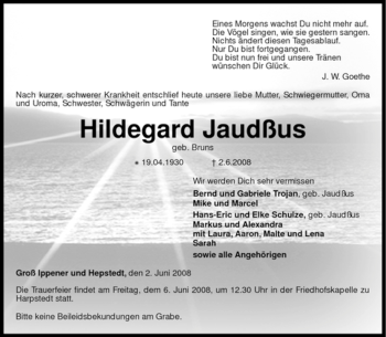 Traueranzeige von Hildegard Jaudßus von KREISZEITUNG SYKE