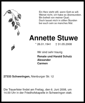 Traueranzeige von Annette Stuwe von KREISZEITUNG SYKE