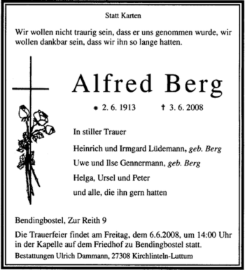 Traueranzeige von Alfred Berg von KREISZEITUNG SYKE