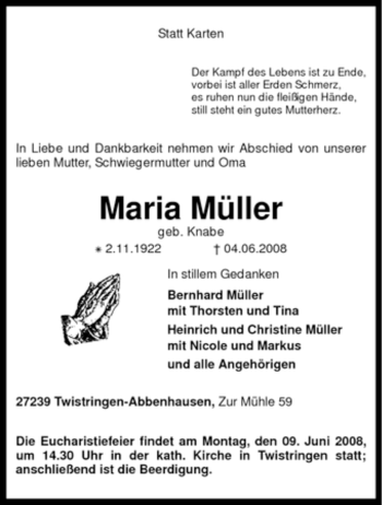 Traueranzeige von Maria Müller von KREISZEITUNG SYKE