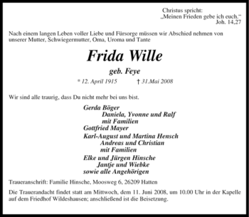 Traueranzeige von Frida Wille von KREISZEITUNG SYKE