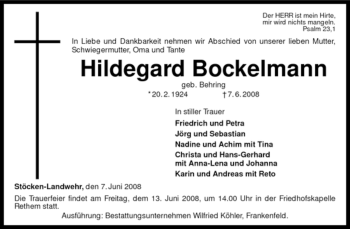 Traueranzeige von Hildegard Bockelmann von KREISZEITUNG SYKE