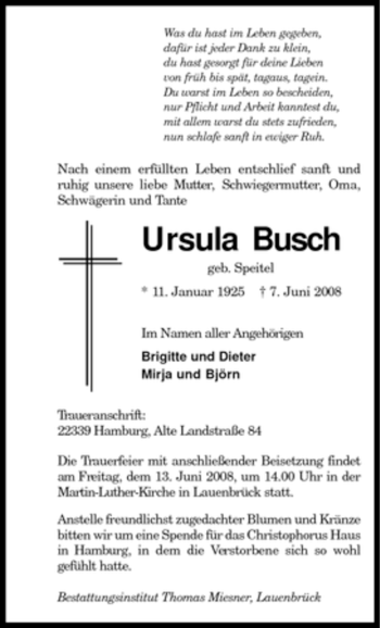 Traueranzeige von Ursula Busch von KREISZEITUNG SYKE