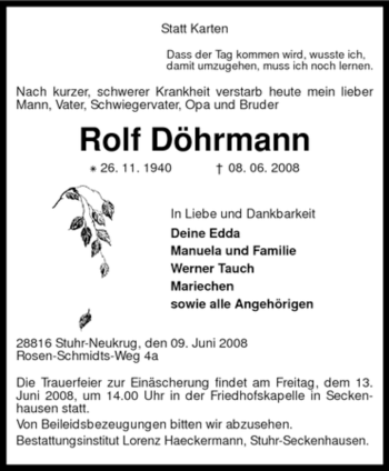 Traueranzeige von Rolf Döhrmann von KREISZEITUNG SYKE