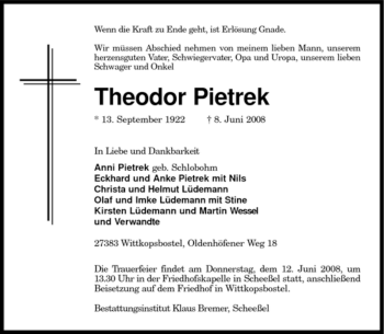 Traueranzeige von Theodor Pietrek von KREISZEITUNG SYKE