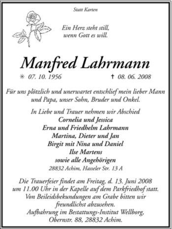 Traueranzeige von Manfred Lahrmann von KREISZEITUNG SYKE