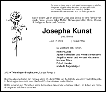 Traueranzeige von Josepha Kunst von KREISZEITUNG SYKE