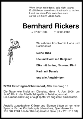 Traueranzeige von Bernhard Rickers von KREISZEITUNG SYKE