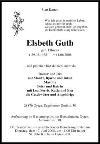 Traueranzeige von Elsbeth Guth von KREISZEITUNG SYKE