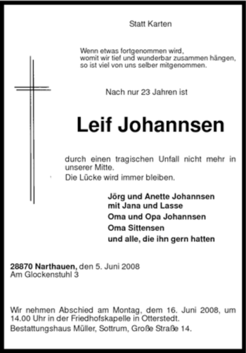 Traueranzeige von Leif Johannsen von KREISZEITUNG SYKE