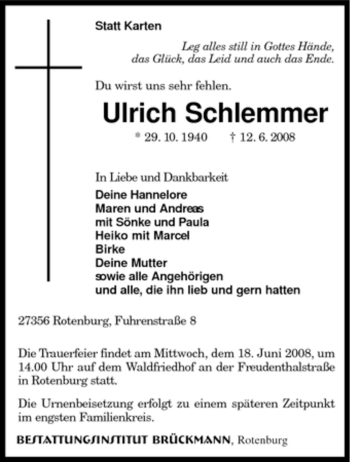 Traueranzeige von Ulrich Schlemmer von KREISZEITUNG SYKE