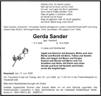 Traueranzeige von Gerda Sander von KREISZEITUNG SYKE