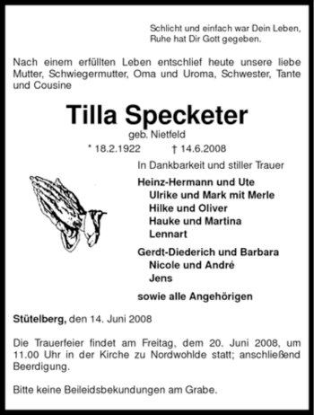 Traueranzeige von Tilla Specketer von KREISZEITUNG SYKE