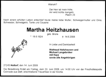 Traueranzeige von Martha Heitzhausen von KREISZEITUNG SYKE