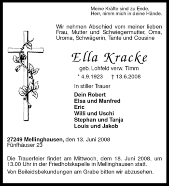 Traueranzeige von Ella Kracke von KREISZEITUNG SYKE