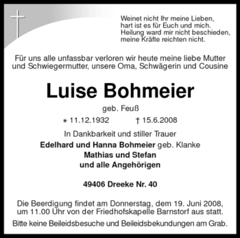 Traueranzeige von Luise Bohmeier von KREISZEITUNG SYKE