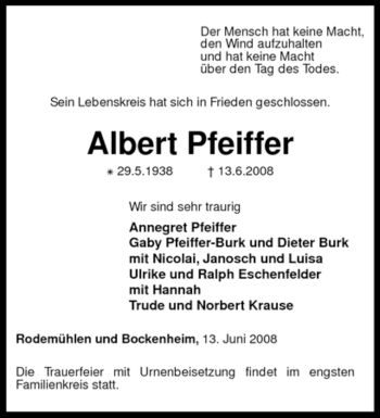 Traueranzeige von Albert Pfeiffer von KREISZEITUNG SYKE