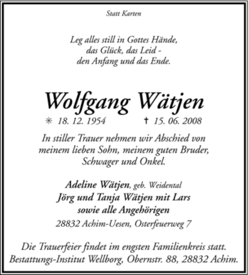 Traueranzeige von Wolfgang Wätjen von KREISZEITUNG SYKE