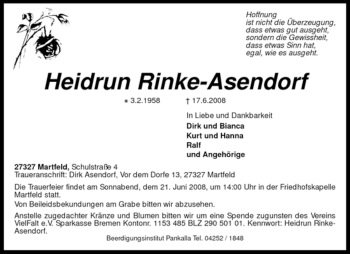 Traueranzeige von Heidrun Rinke-Asendorf von KREISZEITUNG SYKE