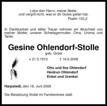 Traueranzeige von Gesine Ohlendorf-Stolle von KREISZEITUNG SYKE