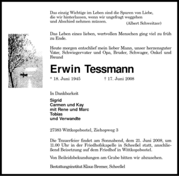 Traueranzeige von Erwin Tessmann von KREISZEITUNG SYKE