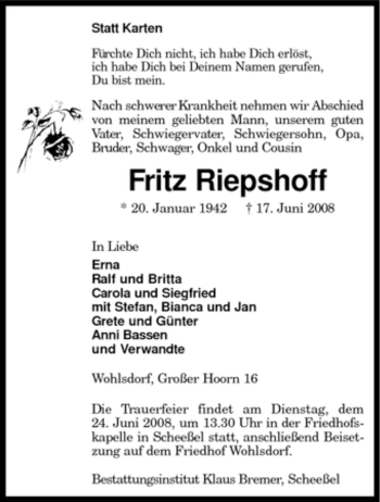 Traueranzeige von Fritz Riepshoff von KREISZEITUNG SYKE