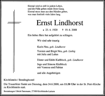 Traueranzeige von Ernst Lindhorst von KREISZEITUNG SYKE