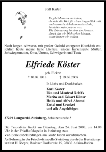 Traueranzeige von Elfriede Köster von KREISZEITUNG SYKE