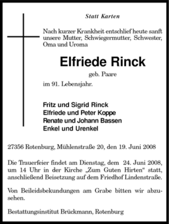 Traueranzeige von Elfriede Rinck von KREISZEITUNG SYKE