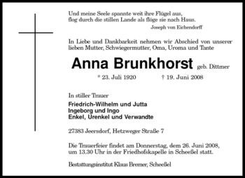 Traueranzeige von Anna Brunkhorst von KREISZEITUNG SYKE