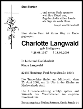 Traueranzeige von Charlotte Langwald von KREISZEITUNG SYKE