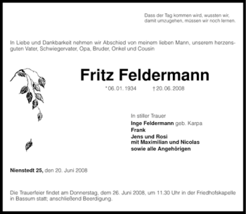 Traueranzeige von Fritz Feldermann von KREISZEITUNG SYKE