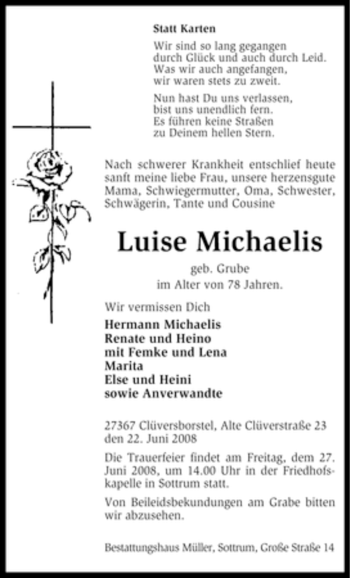 Traueranzeige von Luise Michaelis von KREISZEITUNG SYKE