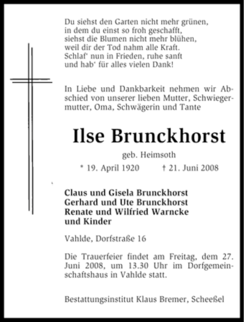 Traueranzeige von Ilse Brunckhorst von KREISZEITUNG SYKE