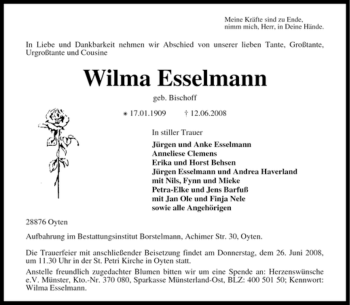 Traueranzeige von Wilma Esselmann von KREISZEITUNG SYKE