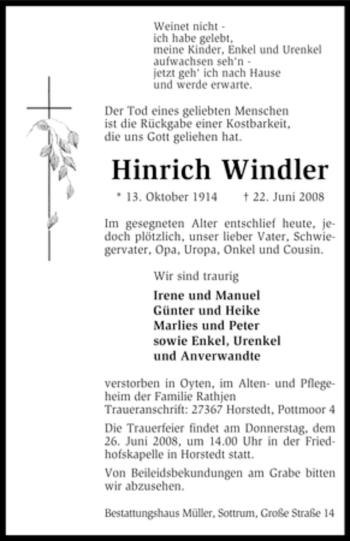 Traueranzeige von Hinrich Windler von KREISZEITUNG SYKE