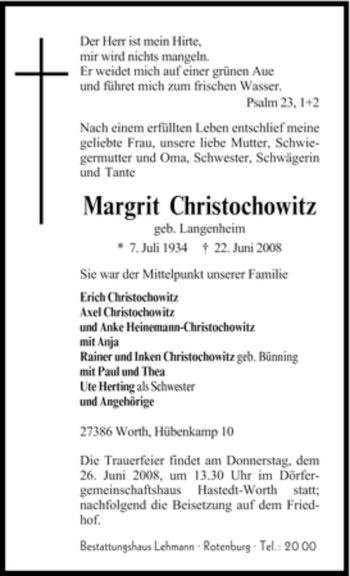 Traueranzeige von Margrit Christochowitz von KREISZEITUNG SYKE