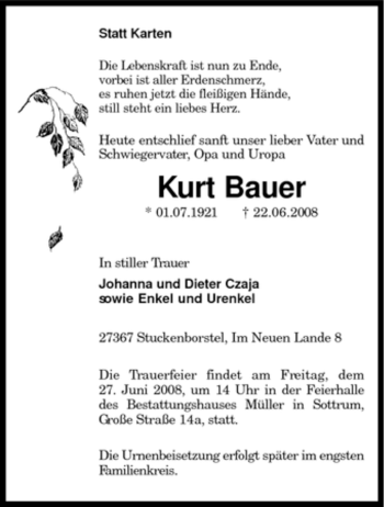 Traueranzeige von Kurt Bauer von KREISZEITUNG SYKE