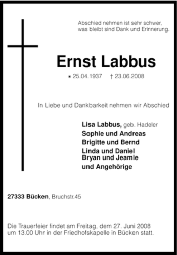 Traueranzeige von Ernst Labbus von KREISZEITUNG SYKE