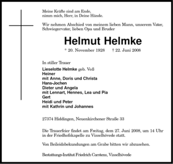 Traueranzeige von Helmut Helmke von KREISZEITUNG SYKE