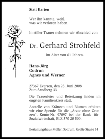 Traueranzeige von Gerhard Strohfeld von KREISZEITUNG SYKE