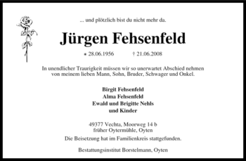 Traueranzeige von Jürgen Fehsenfeld von KREISZEITUNG SYKE