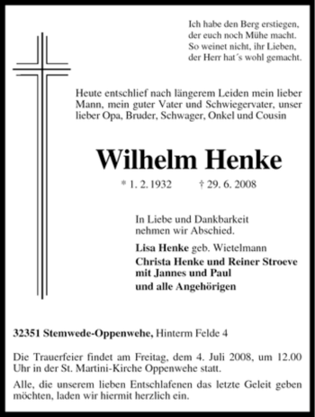 Traueranzeige von Wilhelm Henke von KREISZEITUNG SYKE