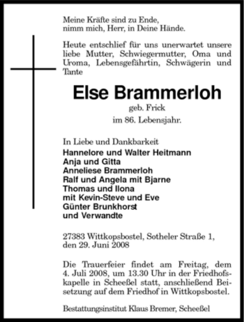 Traueranzeige von Else Brammerloh von KREISZEITUNG SYKE