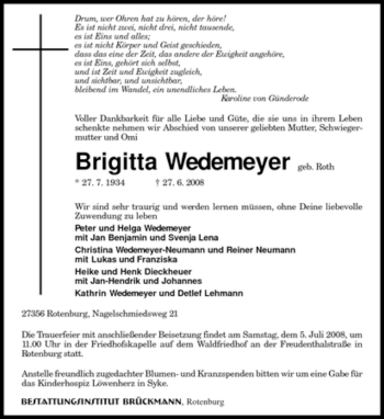 Traueranzeige von Brigitta Wedemeyer von KREISZEITUNG SYKE