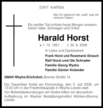 Traueranzeige von Harald Horst von KREISZEITUNG SYKE