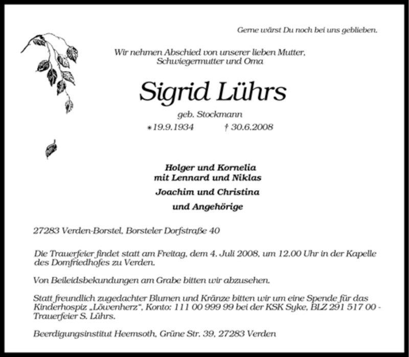  Traueranzeige für Sigrid Lührs vom 02.07.2008 aus KREISZEITUNG SYKE