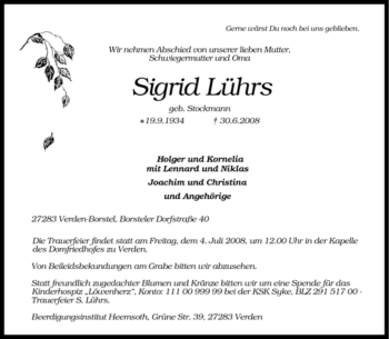 Traueranzeige von Sigrid Lührs von KREISZEITUNG SYKE