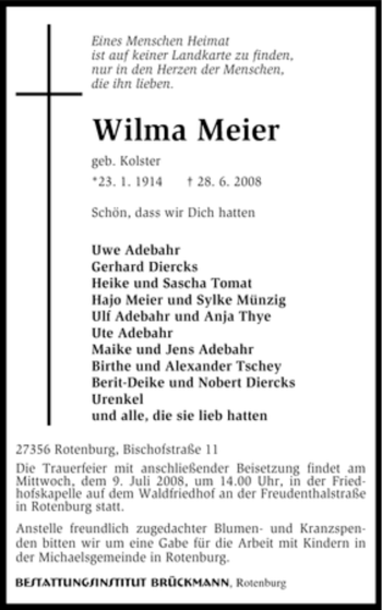 Traueranzeige von Wilma Meier von KREISZEITUNG SYKE